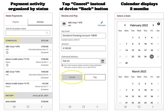 Screenshots of new online bill pay mobile experience