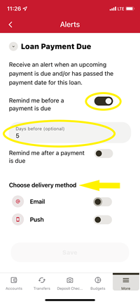 Image showing Loan Payment Due alert options in Frontwave Mobile App