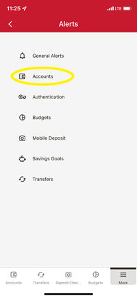 Image of Alerts widget menu in Frontwave online banking